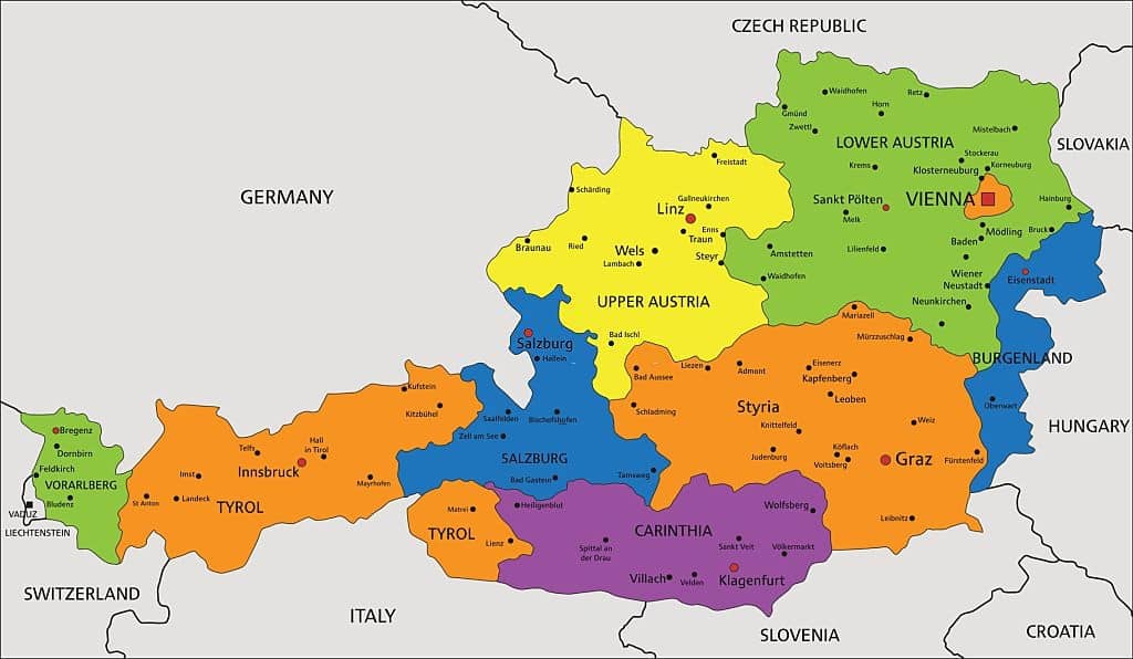 Mapa de Austria con ciudades y regiones. imagen